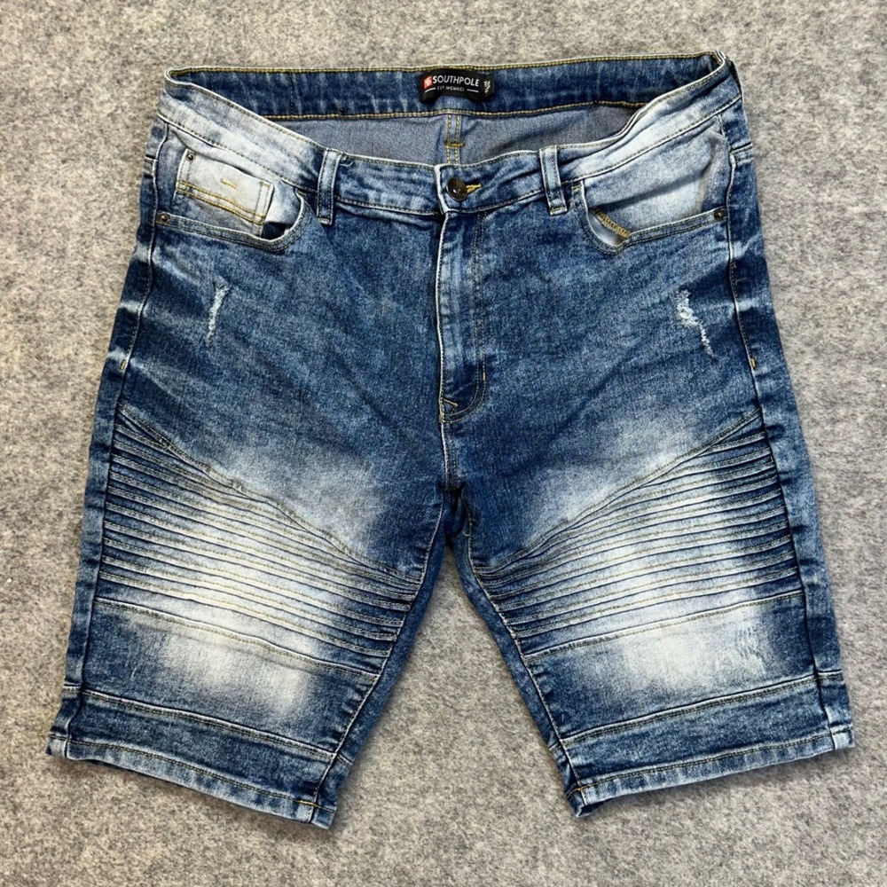 Southpole Moto Denim Shorts Mens 36 Blue Acid Wash Ribbed Slim‎ Fit Biker